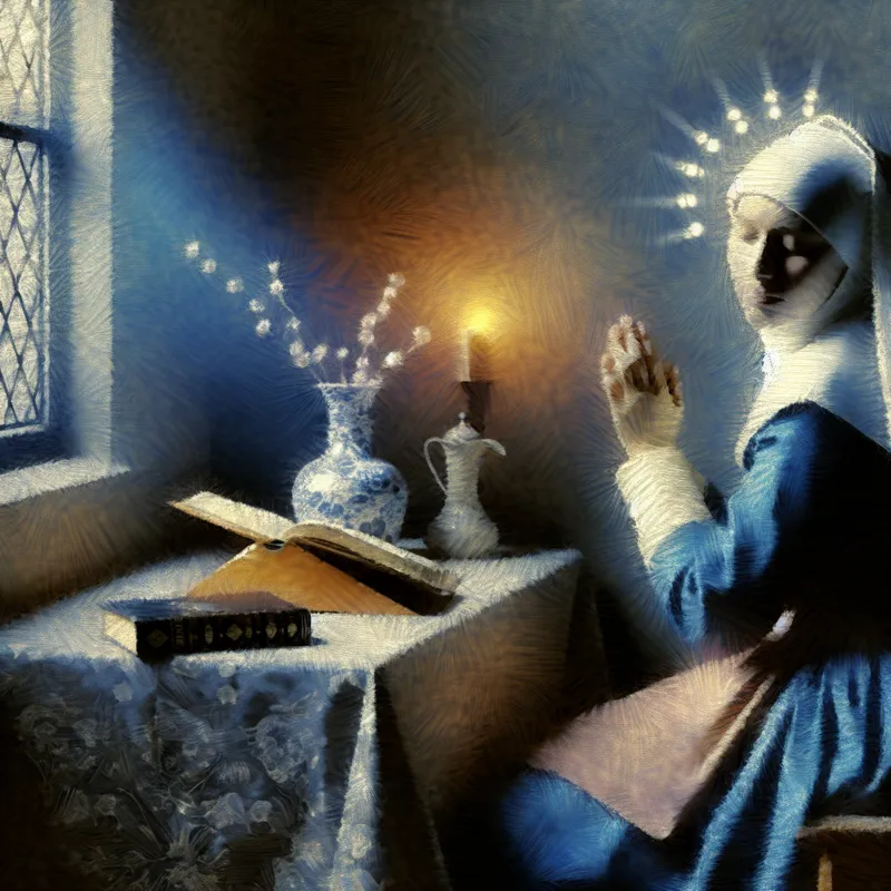 Intiem tafereel van spirituele reflectie met persoon in gebed, omringd door een Koran en Bijbel, in Vermeer-stijl met zacht licht