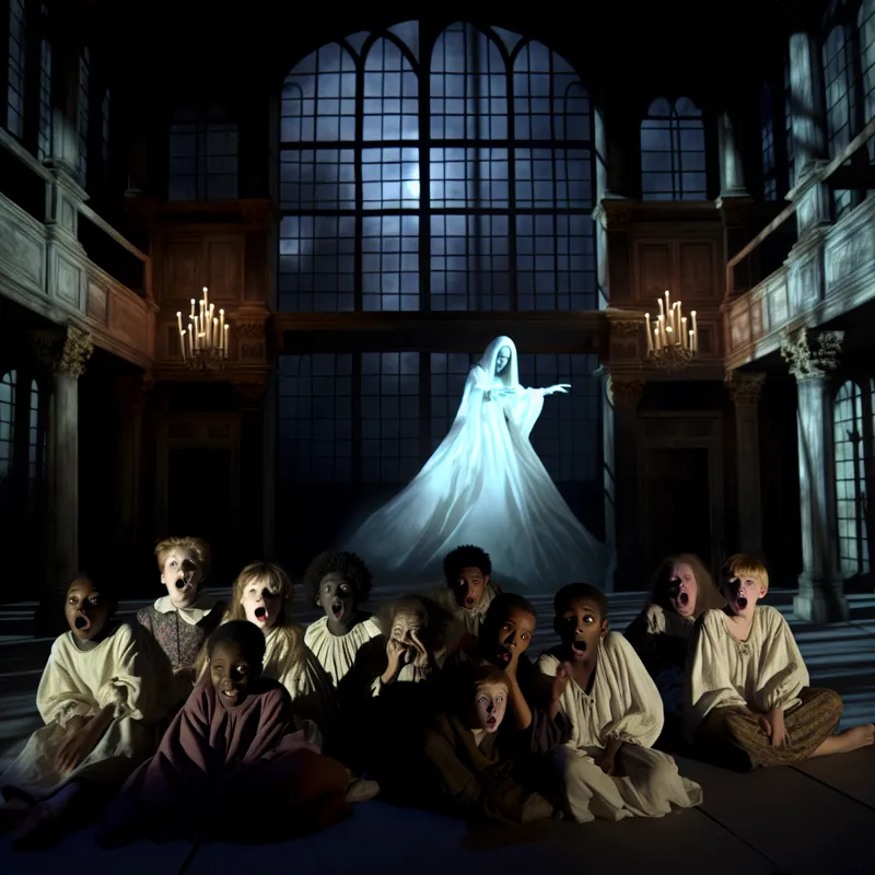 Een eerbiedwaardige spookachtige figuur in een oud kasteel, omringd door geschrokken kinderen.