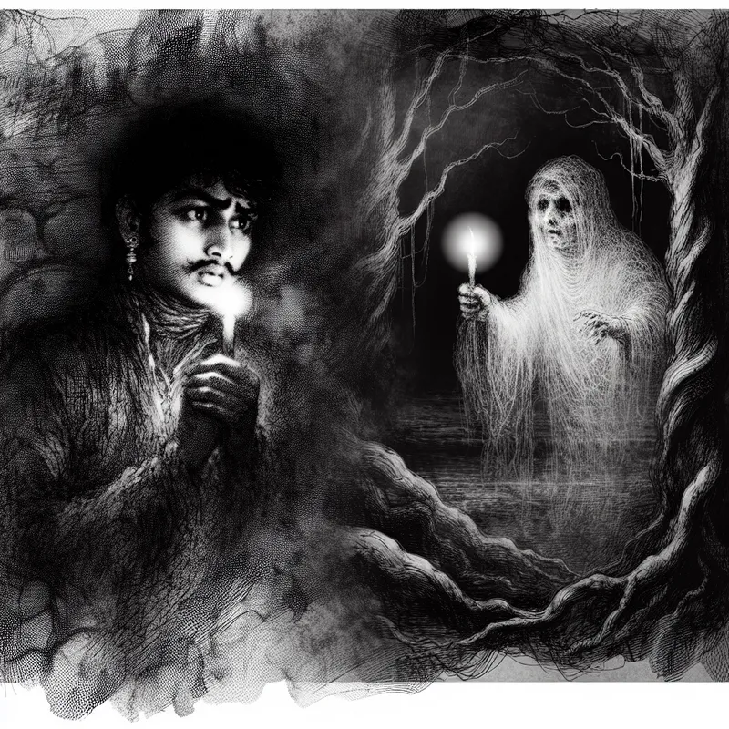 Een persoon staat aan de rand van een schaduwachtig bos, terwijl een spookachtige figuur met een kaars licht toont in een duistere sfeer.