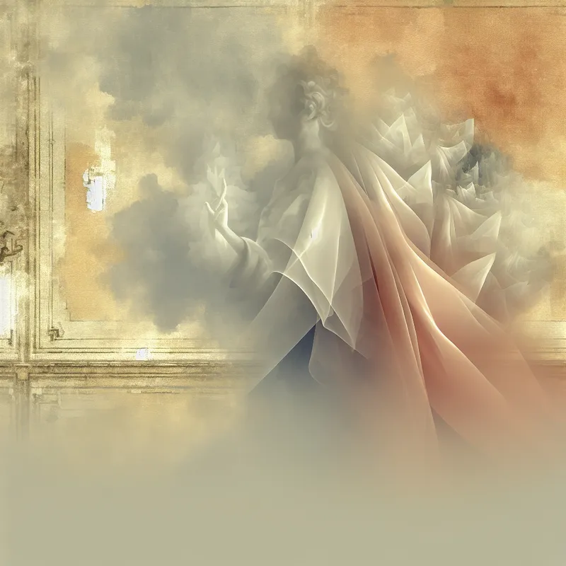 Spookachtige verschijning van een vergeten idee, gedeeltelijk verborgen door mist, met een achtergrond van elegant gedrapeerd 17de-eeuws textiel.