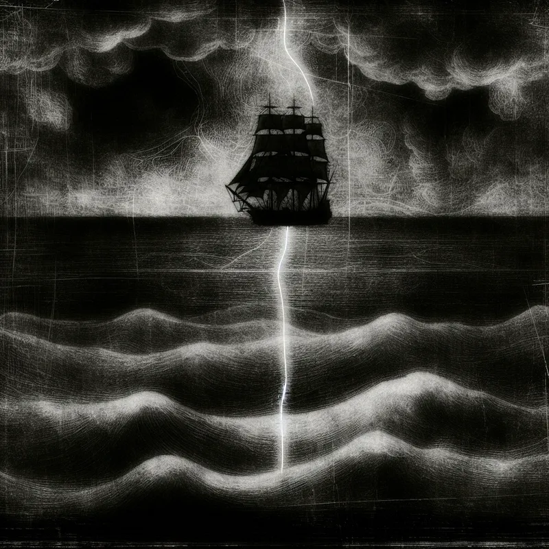 Schip volgt een spookachtige gloeiende route over een stormachtige zee in gotische stijl, symboliserend een vastgestelde koers of pad