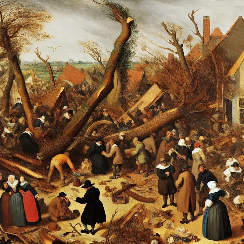 Drukke scène na een storm met omgewaaide bomen, puin en beschadigde gebouwen, mensen in shock en bezig met opruimen, in warme aardetinten geschilderd in de stijl van Jan Steen