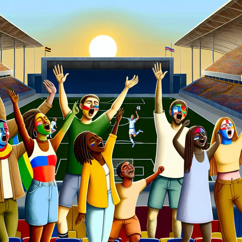 Een levendige afbeelding van een groep vrienden en familie die enthousiast een speler aanmoedigen tijdens een sportevenement.