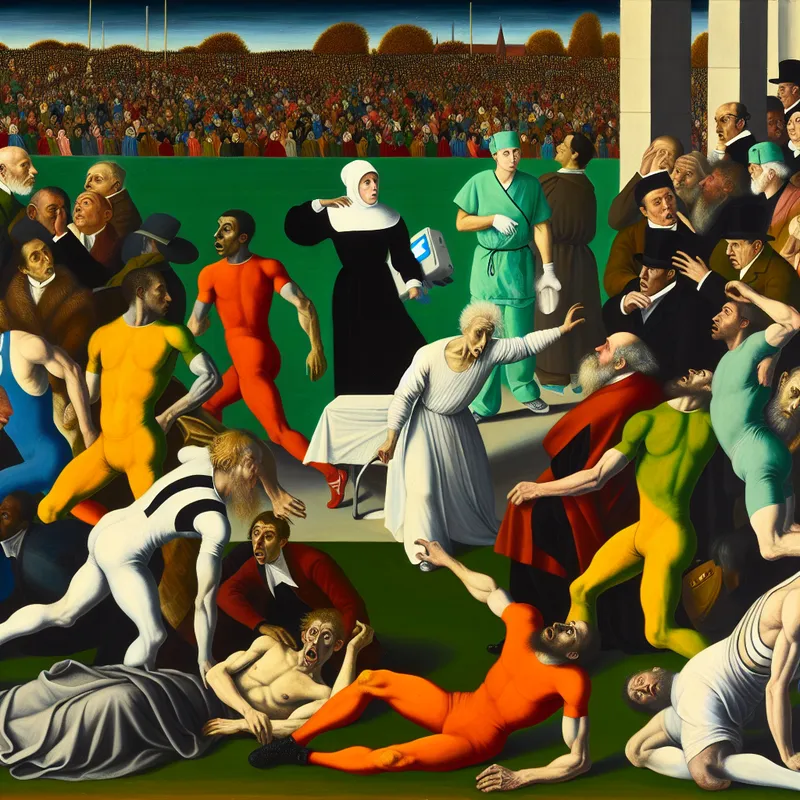 Atleten in kleurrijke uniformen kijken teleurgesteld, terwijl een arts zich over een zieke scheidsrechter ontfermt in een vol stadion.