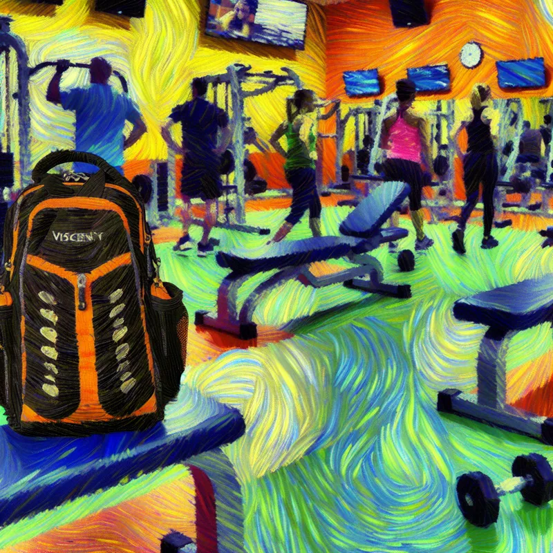 Een sportieve rugzak in een levendige sportschoolsetting, vol met mensen die trainen.