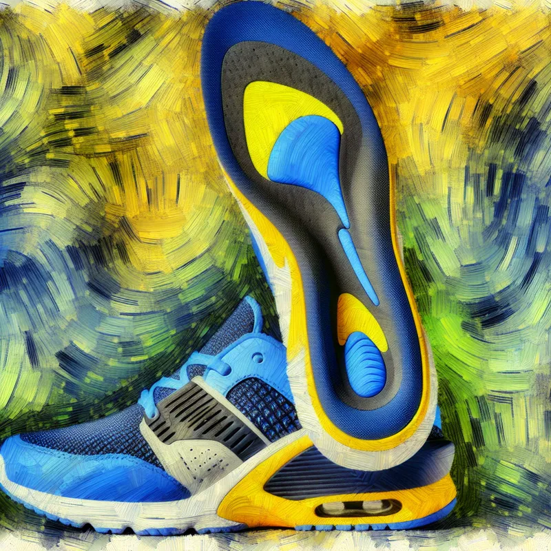 Close-up van sportieve schoenen met focus op de binnenzolen en hun dikke demping en steun.