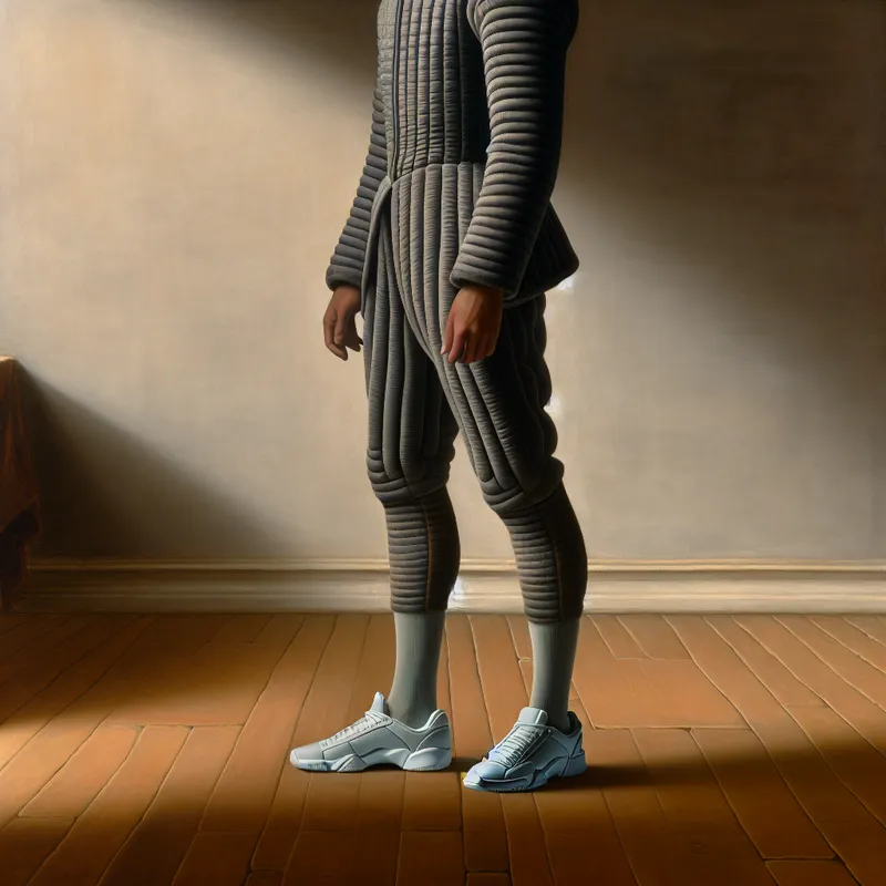 Elegant persoon in sportieve maar verfijnde outfit met aandacht voor texturen en stoffen, geschilderd in de stijl van Gerard ter Borch