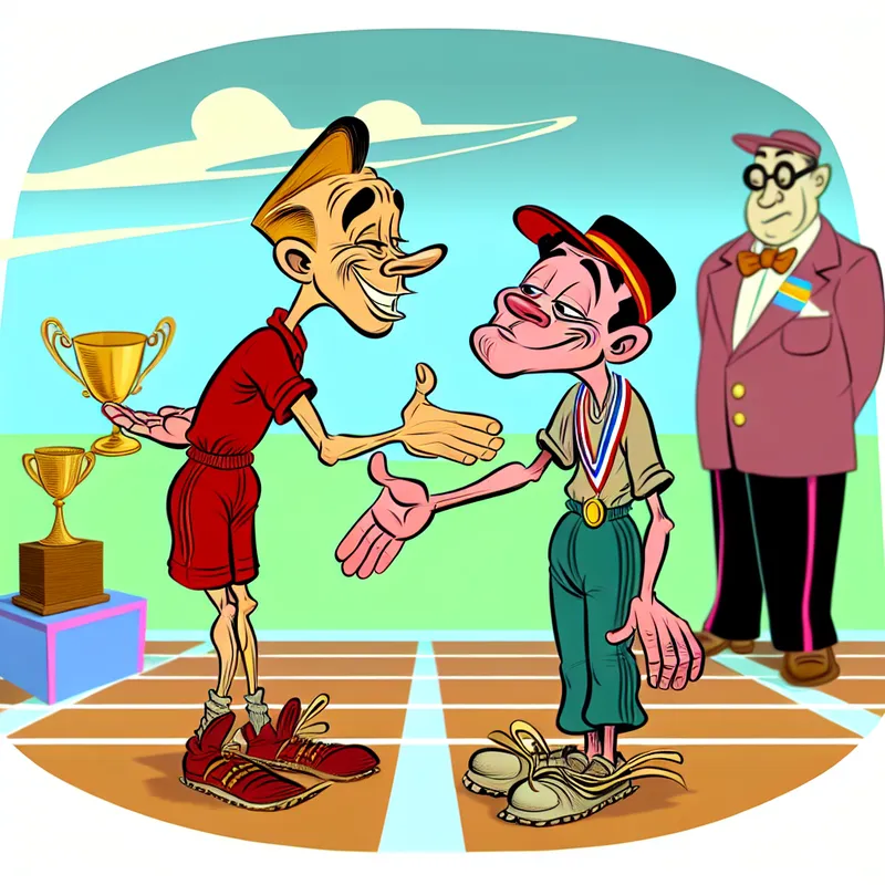 Twee tekenfilmfiguren tonen sportiviteit na een wedstrijd met een handdruk en duim omhoog in een vrolijke, gedetailleerde cartoonstijl