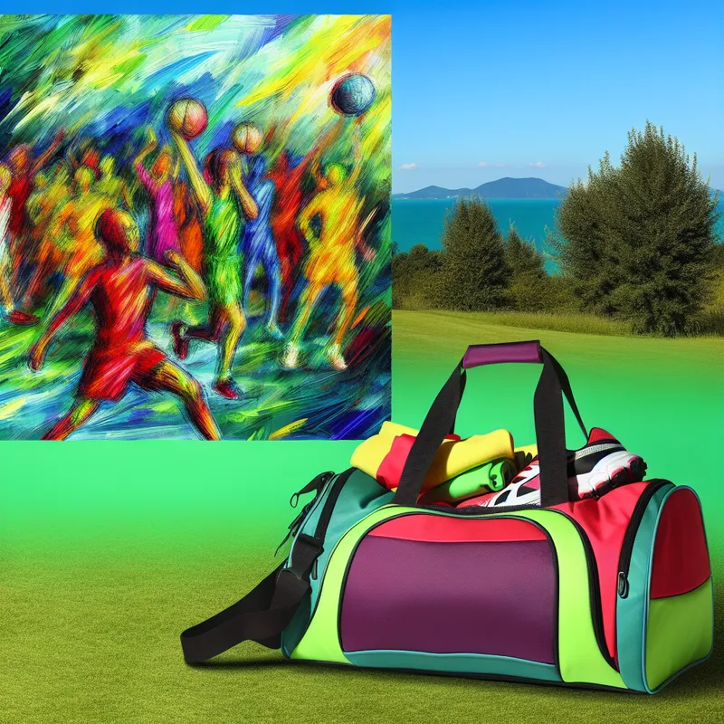 Een sporttas vol kleurrijke sportkleding en schoenen op een grasveld met een heldere blauwe lucht op de achtergrond.