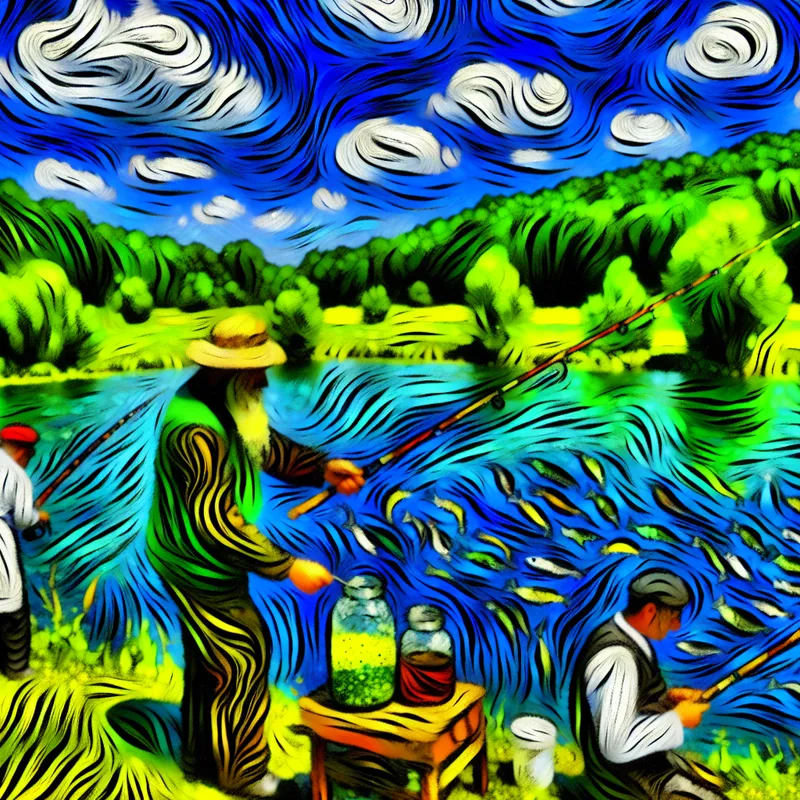 Vissers vissen met brijn aan een helderblauwe meer op een zonnige zomerdag