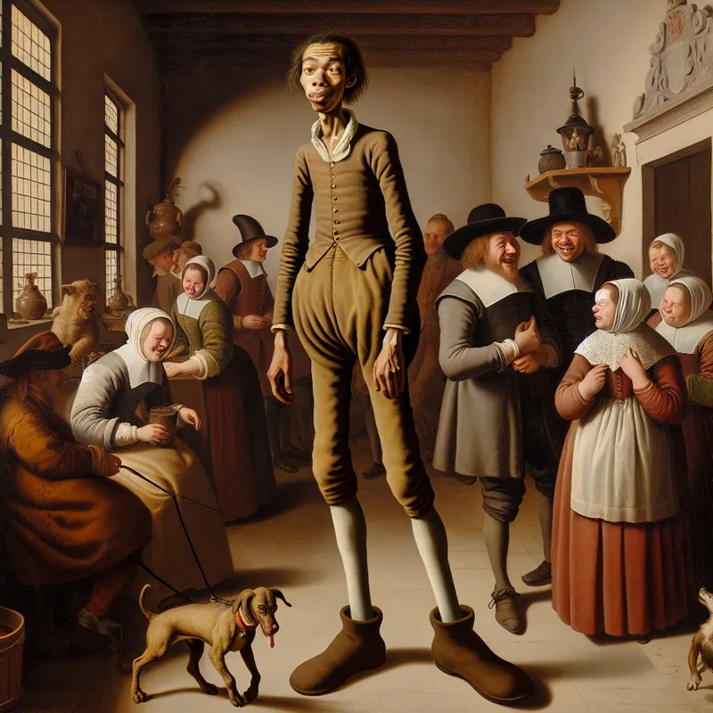 Grappe voorstelling van een lange, magere jongeman in een druk Nederlands huishouden, omringd door plagerige familieleden en een nieuwsgierige hond, in de stijl van Jan Steen