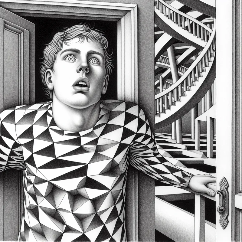 Surrealistische tekening in de stijl van M.C. Escher van een sprakeloze jongeman, opgebouwd uit geometrische patronen en optische illusies, staand in een deuropening met onmogelijke architectuur
