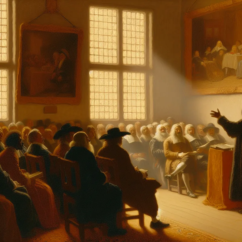 Een serene kamer waar een spreker een aandachtig publiek toespreekt, zichtbaar geraakt en enthousiast.