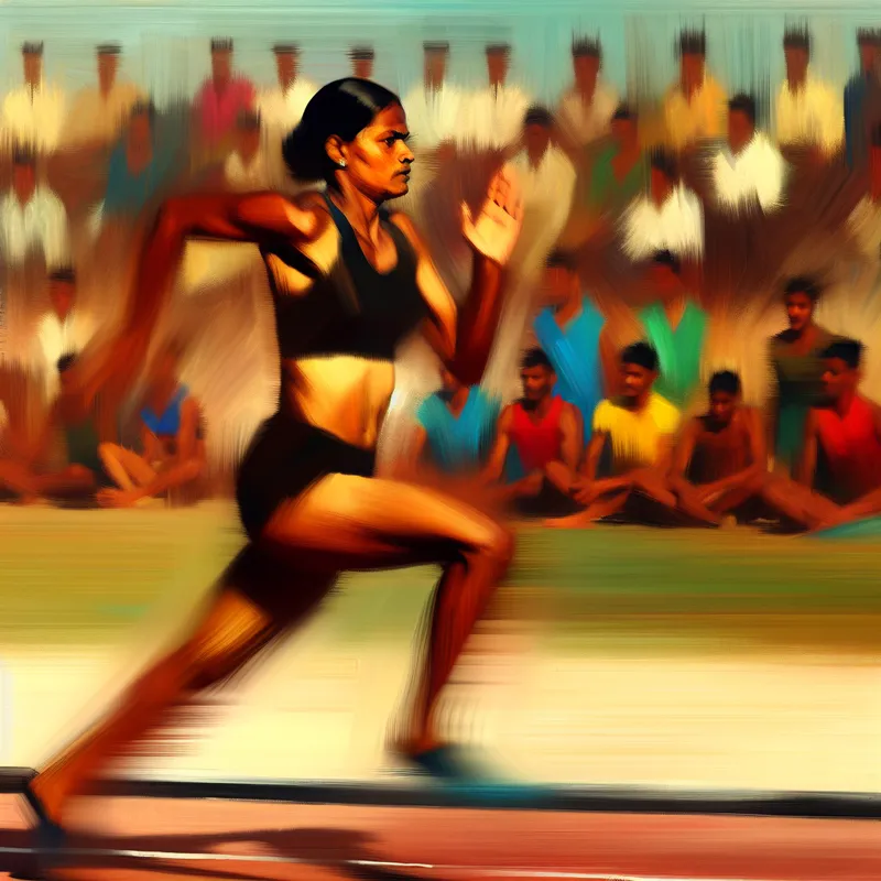 Vrouwelijke sprinter in volle actie tijdens 100-meter wedstrijd, geschilderd in levendige stijl van Frans Hals