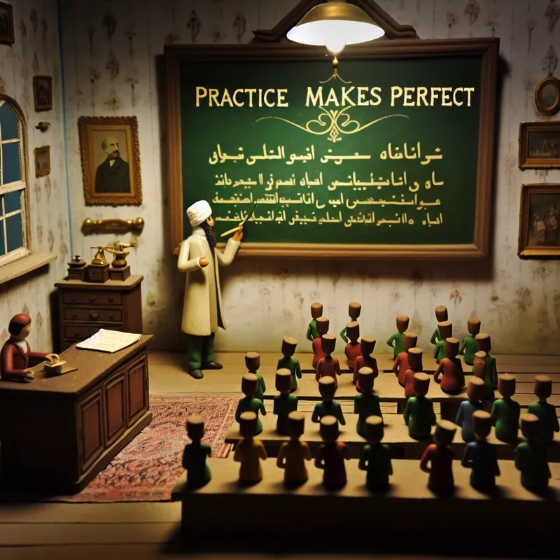 Een oude, sprookjesachtige klaslokaal met een student die een presentatie oefent voor houten speelgoed publiek, een schoolbord toont 'oefening baart kunst'.