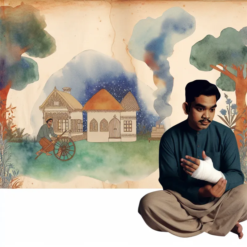 Een personage met een kleine verwonding aan hun hand, zittend in een sprookjesachtige omgeving.