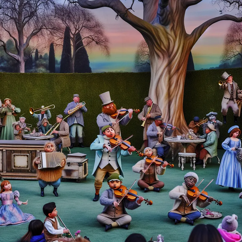 Een kleine, excentrieke band speelt in een vintage park voor een opgetogen publiek, met oude bomen en een pastelgekleurde lucht.