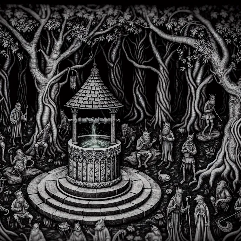 Een oud, sprookjesachtig bos met een oude put en bizarre, mythische wezens in de stijl van Hieronymus Bosch