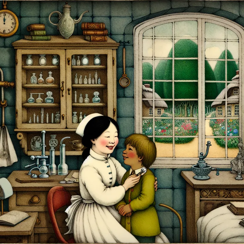 Een vriendelijke dokter die een kind onderzoekt in een sprookjesachtige dokterspraktijk vol vintage medische apparatuur.