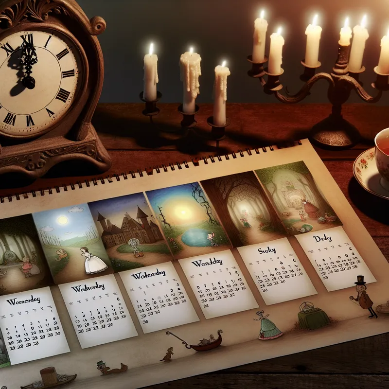 Een geïllustreerd kalenderblad met drie weken, met charmante afbeeldingen van evenementen, zoals een zonovergoten parkbijeenkomst en een gezellige avond voor zonsondergang, op een houten tafel.