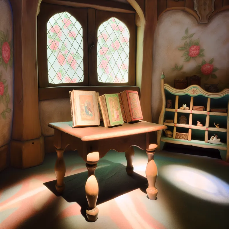 Een gezellige houten tafel met vier prachtig geïllustreerde boeken in een sprookjesachtige kamer