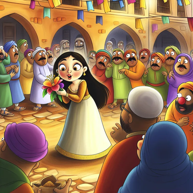 Jonge vrouw in sprookjesachtige outfit, betoverd in een kleurrijke markt met komische personages en een fantastisch object in de lucht.