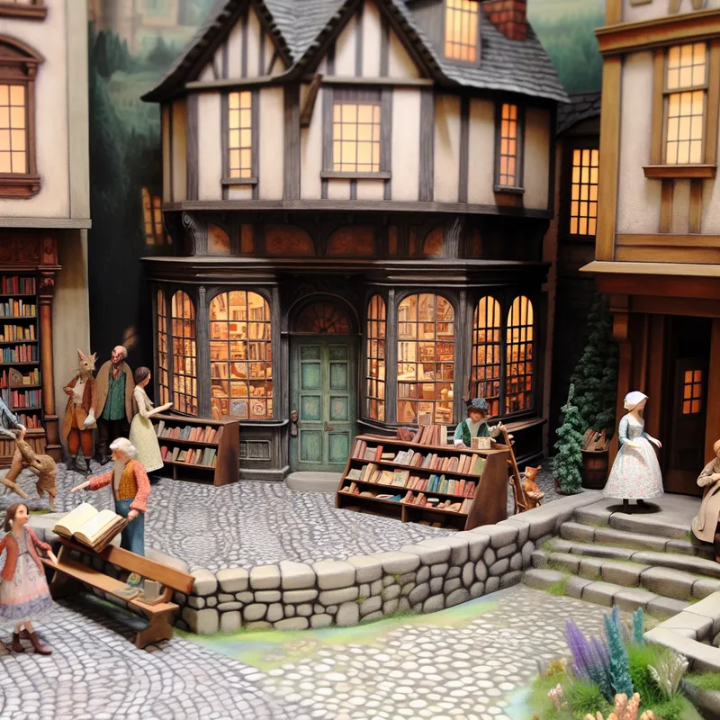Een sprookjesachtig dorpsplein met een boekwinkel in Anton Pieck-stijl, waar mensen boeken bladeren.