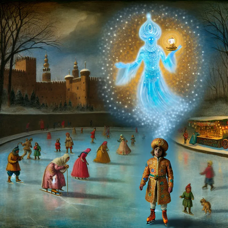 Jongen in oosters kostuum kijkt verbaasd naar een blauwe geest die uit een magische lamp verschijnt op een bevroren kanaal in een winterse sprookjesscène