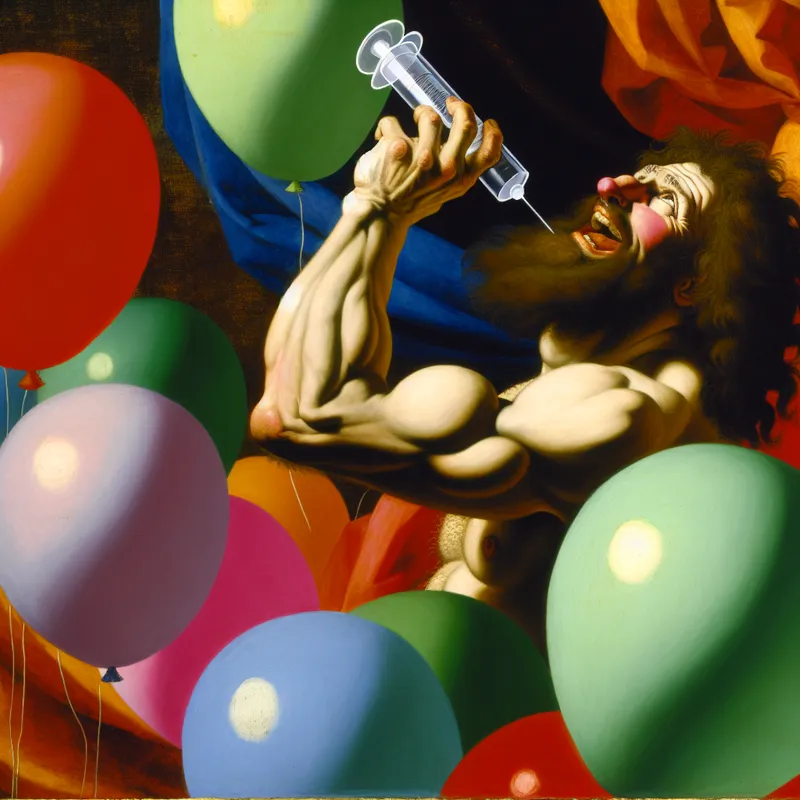 Vibrante Barok afbeelding van een gespierde figuur die met een spuit een ballon opblaast.