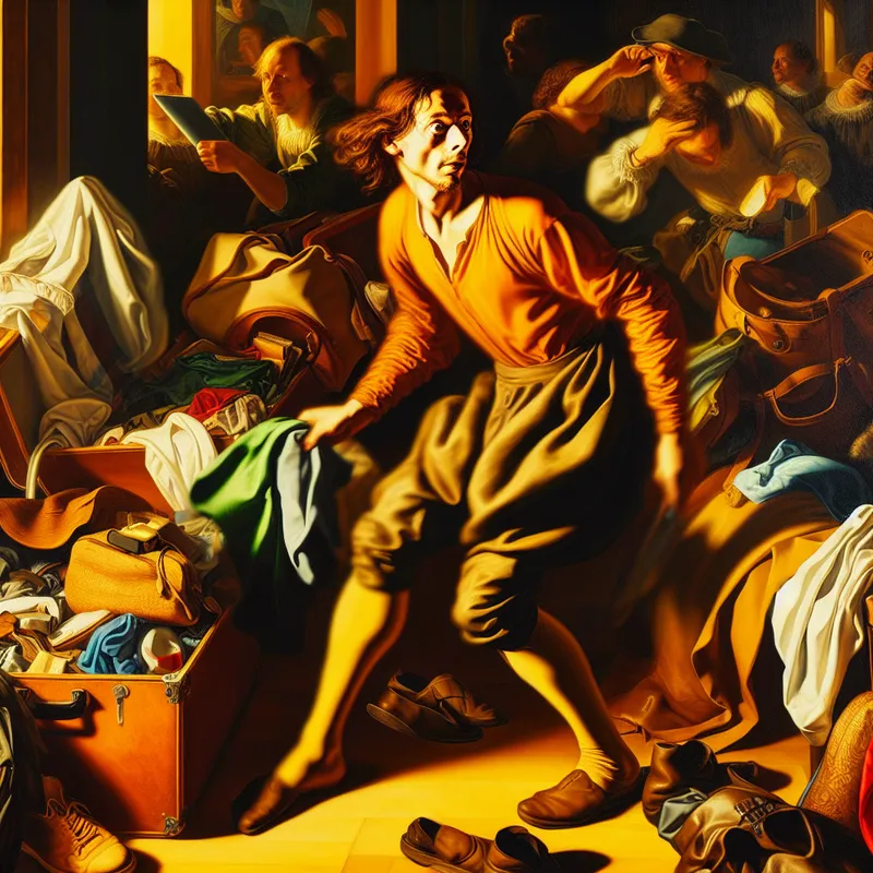 Barokke scène van een persoon die haastig spullen inpakt voor een reis, omringd door kleding, een koffer en reisbenodigdheden in de stijl van Peter Paul Rubens