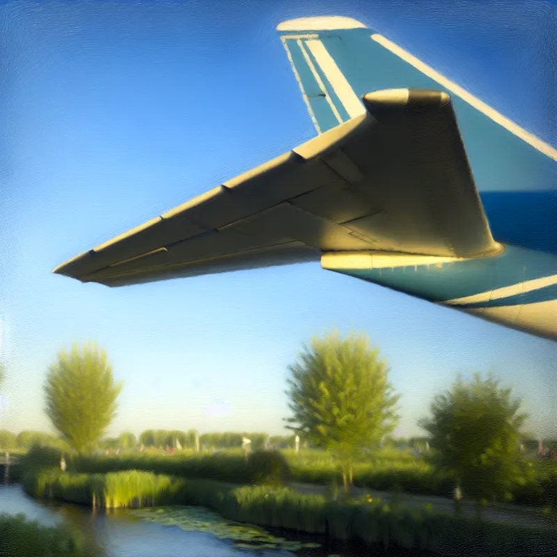 De staart van een vliegtuig tegen een heldere blauwe lucht, omringd door groene bomen en een rivier.