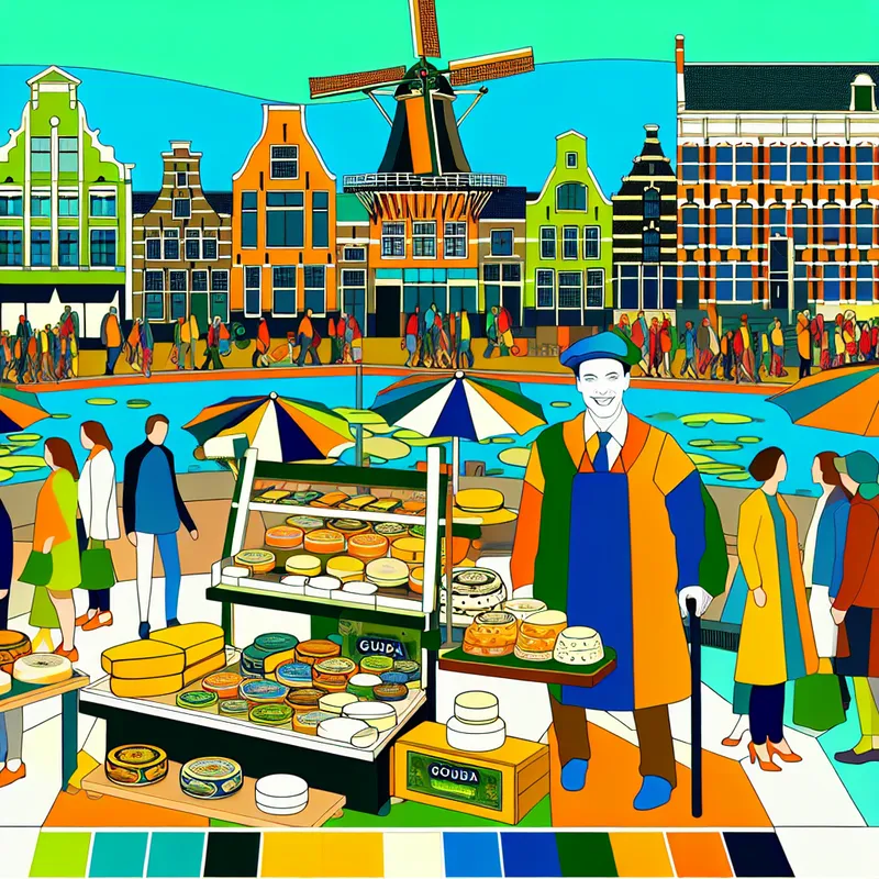 Een levendige stadsgezichten van Gouda met kaasstalletje en traditionele architectuur