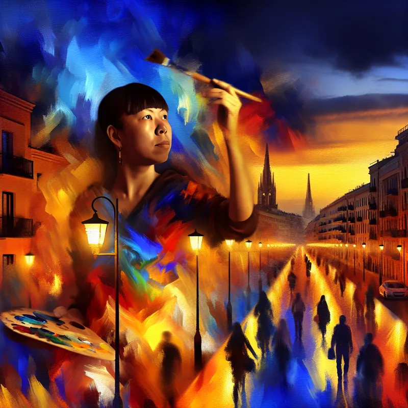 Een stadsgezicht bij schemering met een kunstenaar die gepassioneerd een levendige stadsomgeving schildert.
