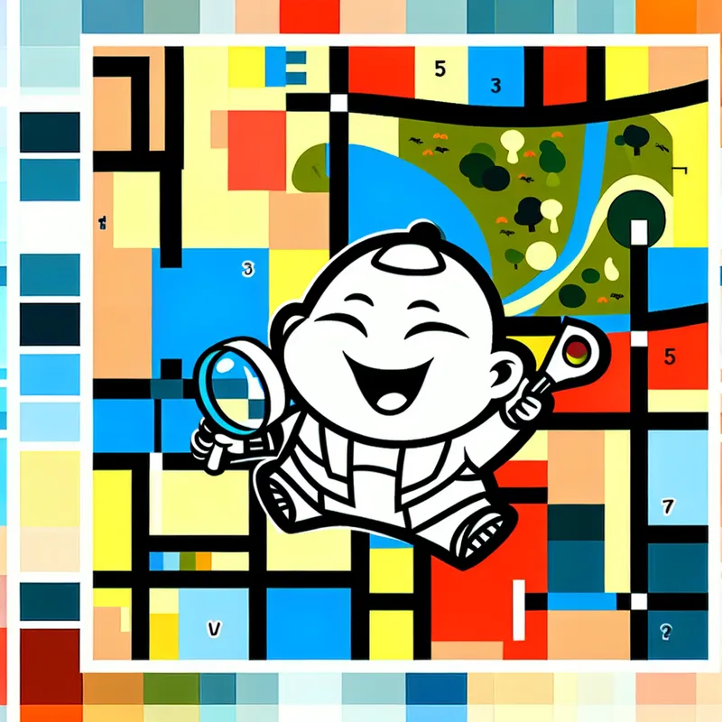 Vrolijk personage onderzoekt een kleurrijke stadsplattegrond tot in detail met een vergrootglas, in minimalistische stijl