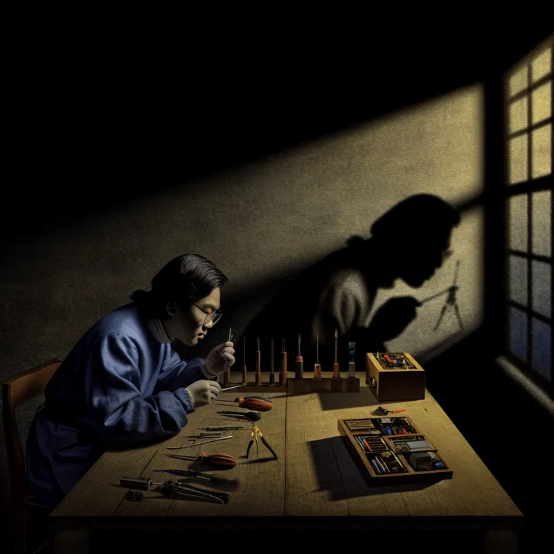 Jonge Aziatische stagiaire geconcentreerd aan een houten bureau met gereedschap en een schakeling.