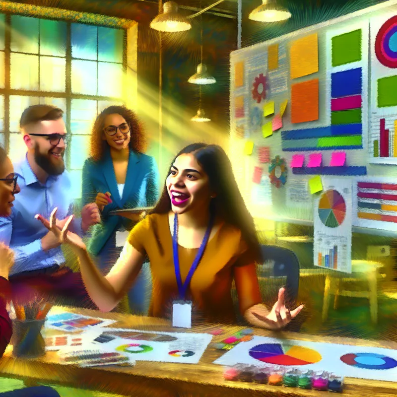 Een jonge vrouw als stagiaire in een marketingbedrijf, omringd door kleurrijke marketingmaterialen, in discussie met collega's