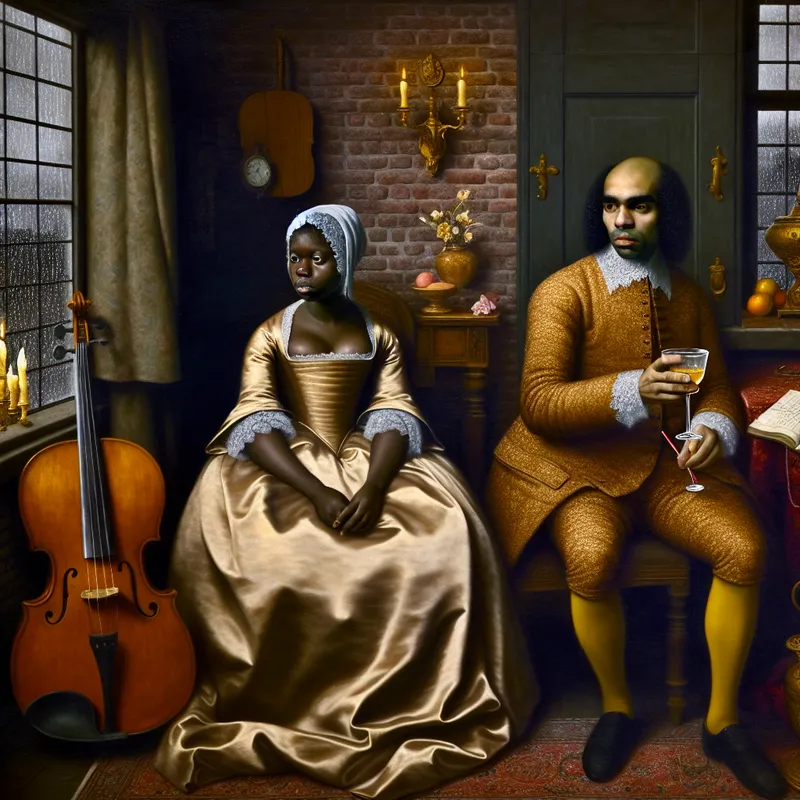 Intiem schilderij van twee afstandelijke figuren in een luxueuze maar verwaarloosde kamer, symboliserend stagnatie in een relatie of project