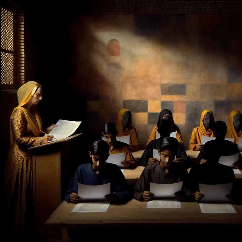 17e-eeuwse klaslokaal met leraar die uniforme beoordelingsformulieren nakijkt volgens vaste regels, Rembrandt-stijl met chiaroscuro