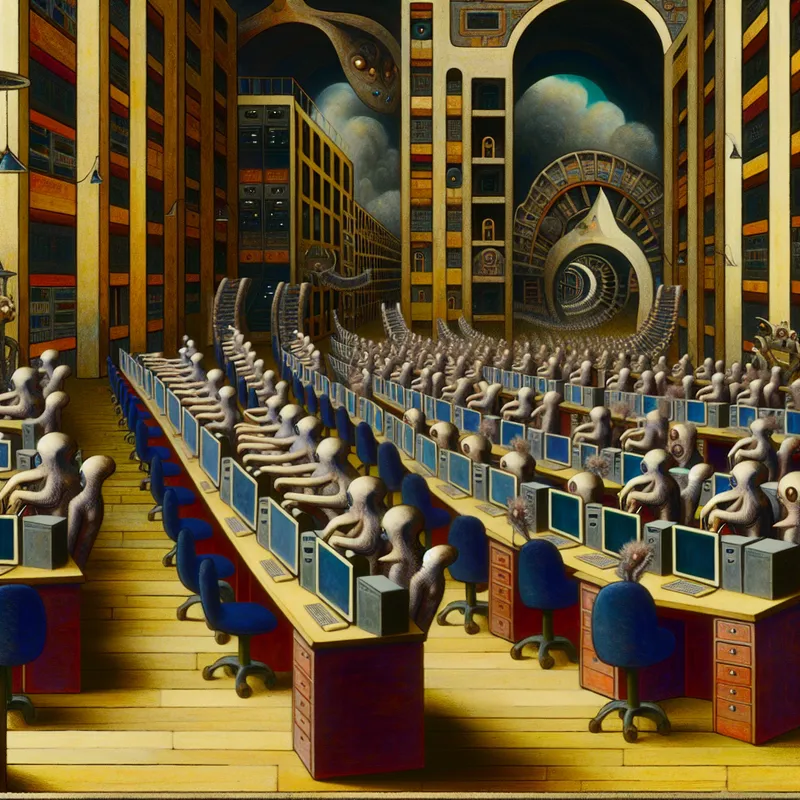 Surrealistisch kantoorlandschap in de stijl van Jheronimus Bosch met identieke werkplekken, gekloonde werknemers en bizarre wezens, illustrerend de standaardisatie en gelijkvormigheid van systemen