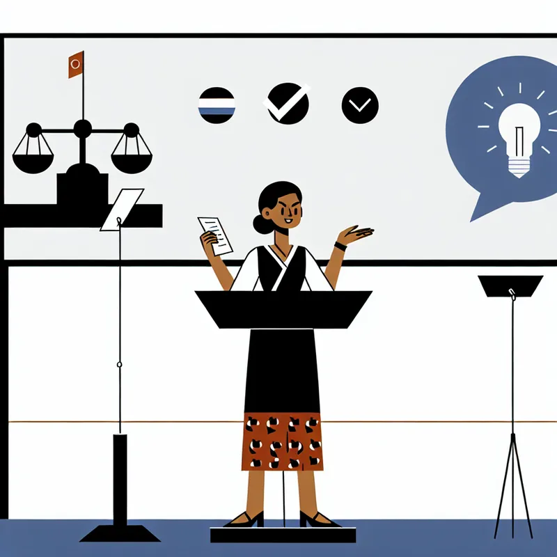 Minimalistische illustratie van een zelfverzekerde vrouw die haar standpunt verdedigt tijdens een discussie in een formele setting zoals een parlement of debatzaal, met symbolen voor argumenten op een scherm achter haar