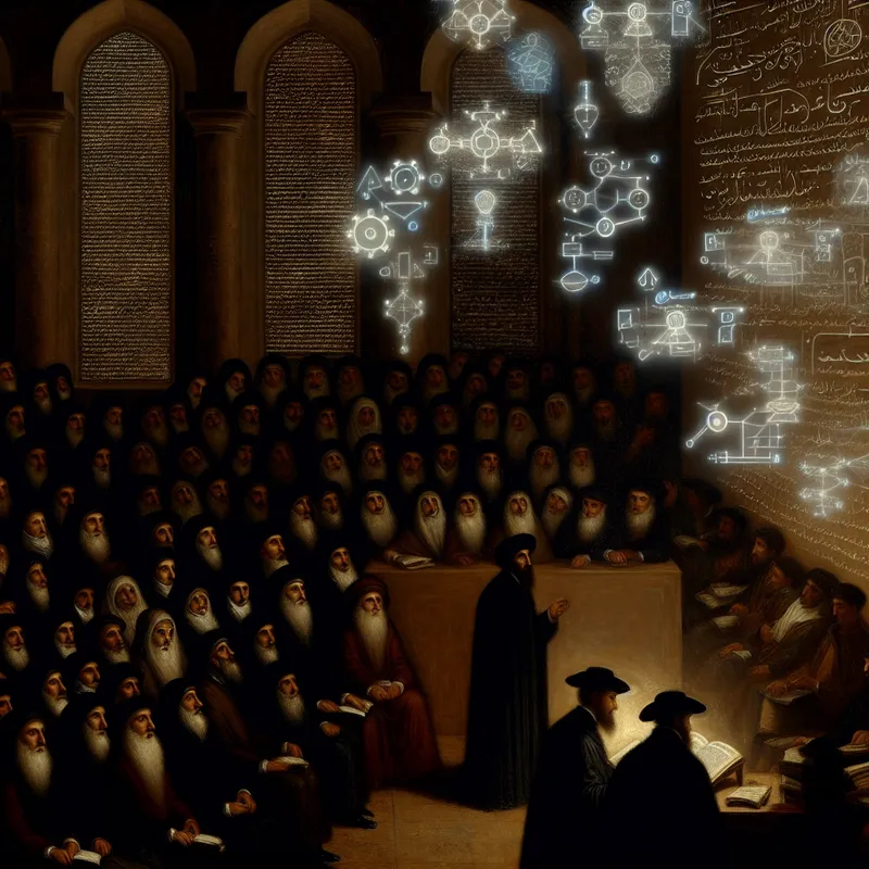 Mysterieuze geleerde legt complexe concepten stap voor stap uit aan aandachtig publiek in donkere gotische ruimte met zwevende diagrammen en vergelijkingen