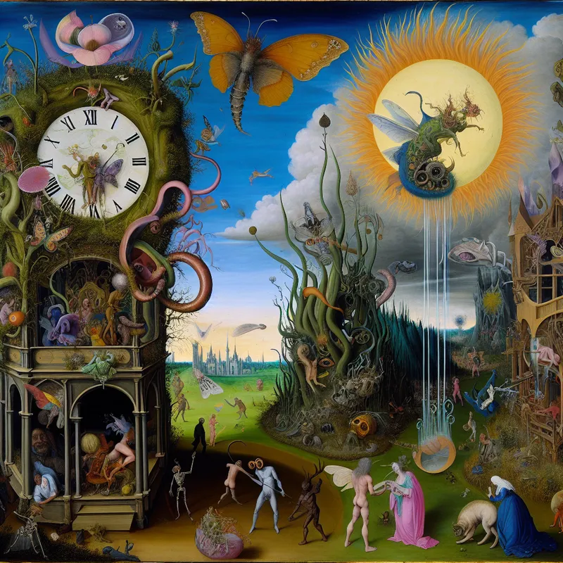 Surrealistische afbeelding van de officiële start van de zomer op 21 juni, met een kleurrijke tuin, gigantische vlinders, bizarre planten en een smeltende klok, omringd door dansende mensen.