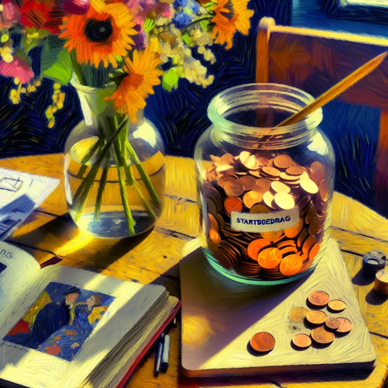 Stillleben van een glazen pot met het label 'Startbedrag' gevuld met koper muntstukken en bankbiljetten, omringd door bloemen en open notitieboeken