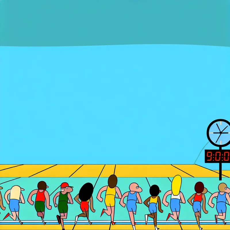 Minimalistische illustratie van een startlijn van een race met cartoonstijlvrouwen en een grote klok.