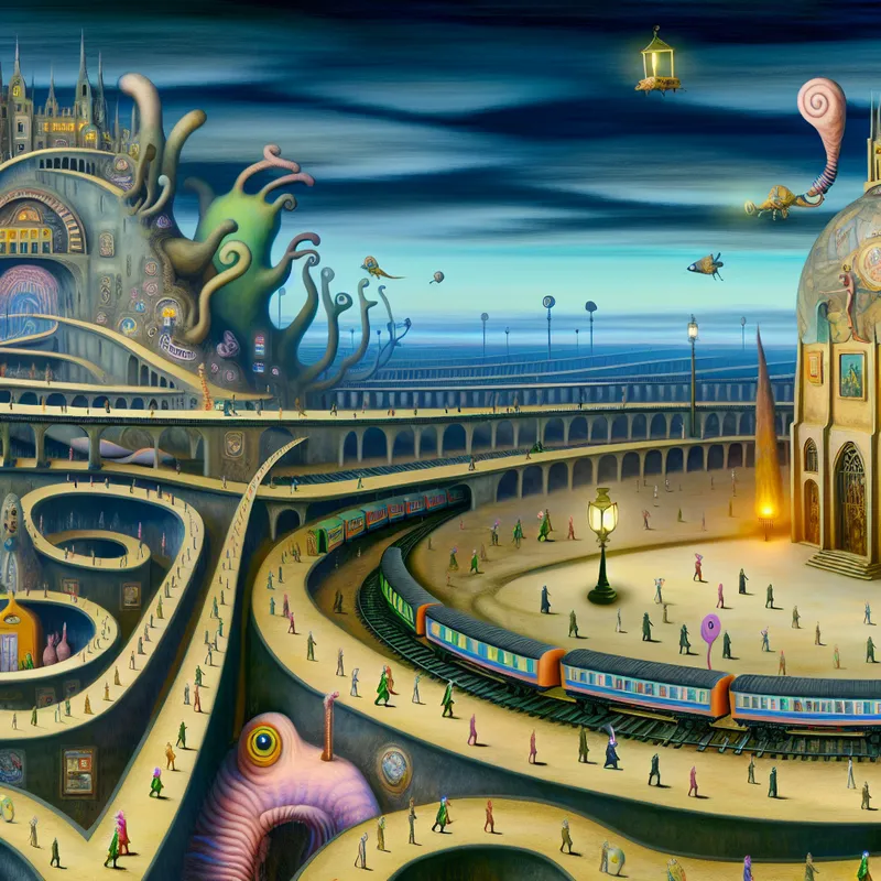 Surrealistisch tafereel in de stijl van Hieronymus Bosch van een magisch treinstation als startpunt van een reis, met hybride wezens en symbolische elementen