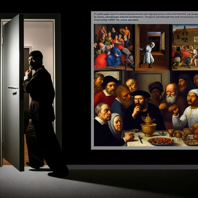 Een man sluipt een slecht verlicht vertrek binnen met een deels geopende deur, zijn figuur gedeeltelijk in schaduw gehuld.