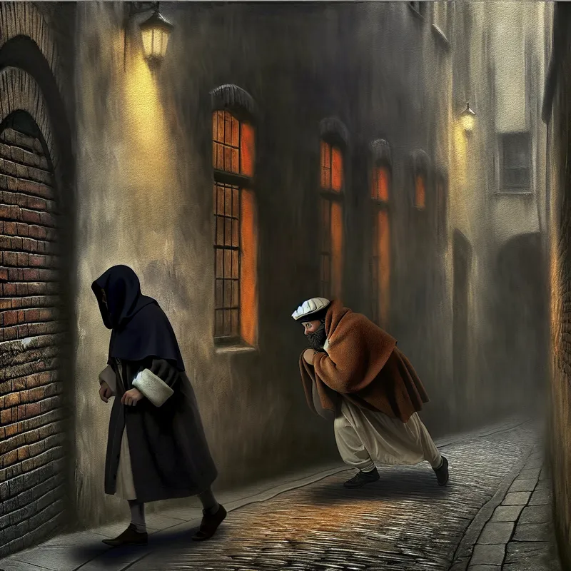 Een zorgvuldige achtervolging in een smalle, slecht verlichte steeg, waarbij een figuur zich vermengt met de schaduwen achter een nietsvermoedende persoon.