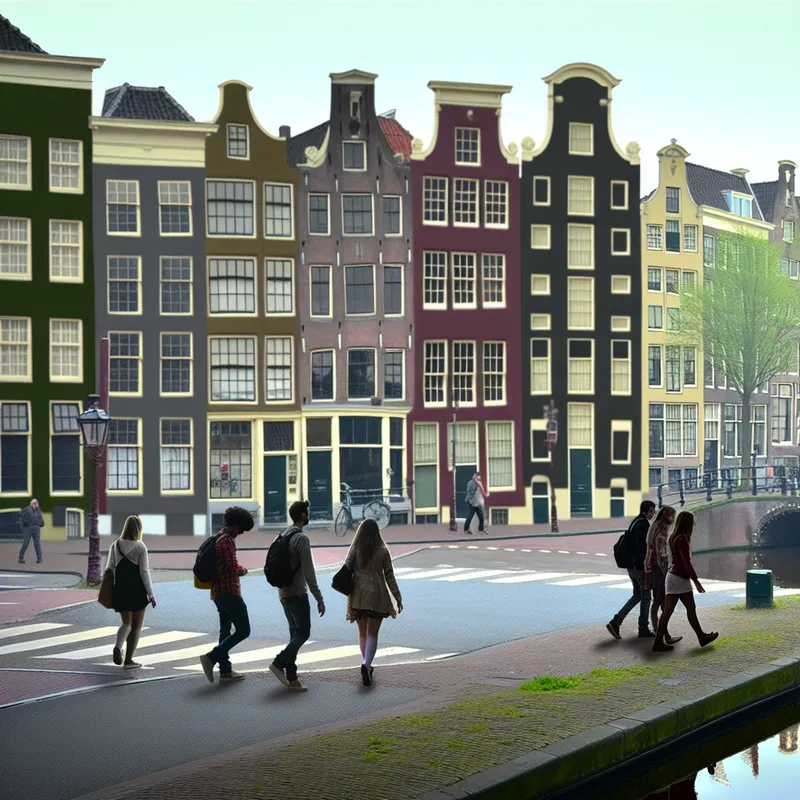 Een rustige stedelijke scène van een straatkruising in Amsterdam met mensen die wandelen, verschillende architectuur en een kanaal op de achtergrond.