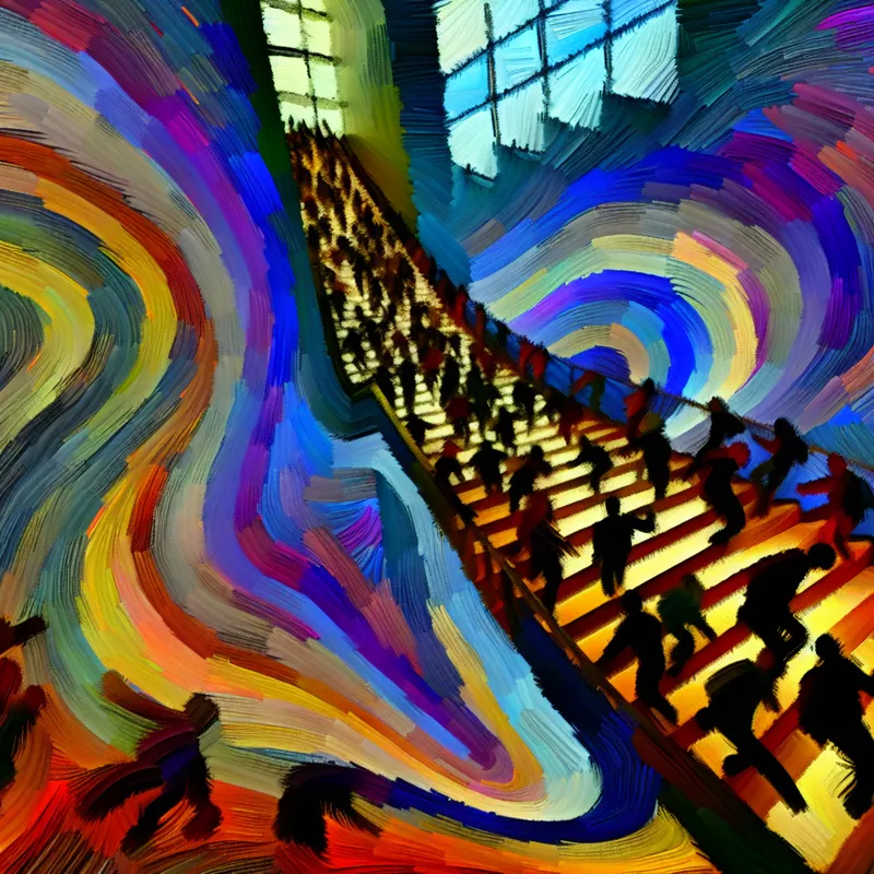 Abstracte weergave van een steile trap in een museum met chaotische penseelstreken en levendige kleuren, geïnspireerd door Willem de Kooning.