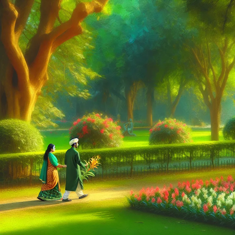 Een stel wandelt hand in hand door een groen park met kleurrijke bloemen en hoge bomen, genietend van de natuur.